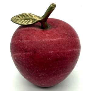 Vintage Red Alabaster Marble Apple Paperweight with Brass Stem & Leaf 4 Inches